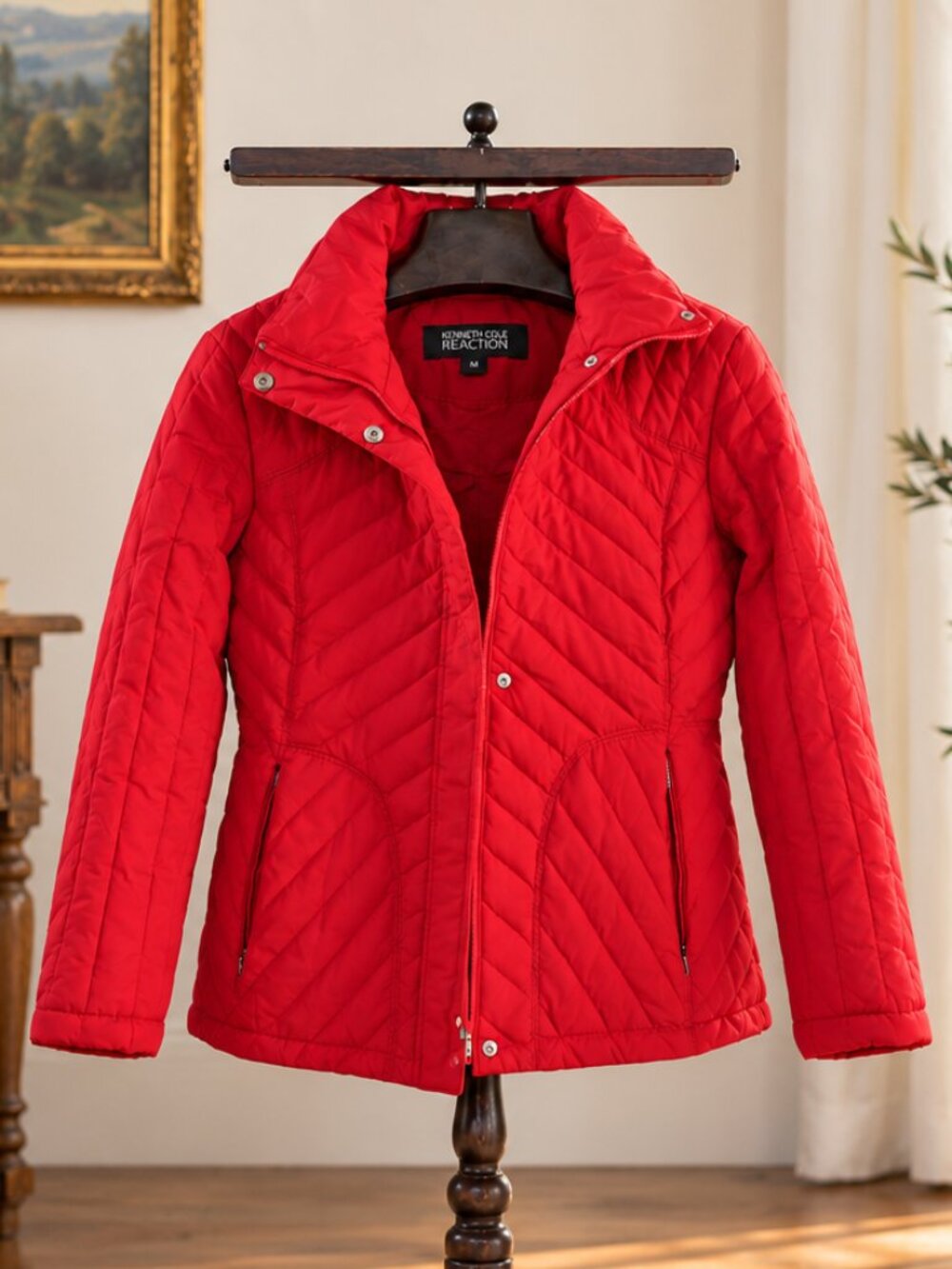 Kenneth Cole Reaction Red Down-Filled Chevron Quilted Jacket | M